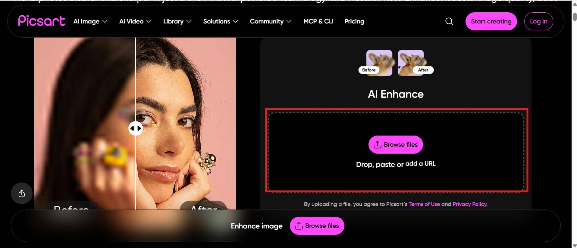 text Open Picsart image enhancer and upload your image