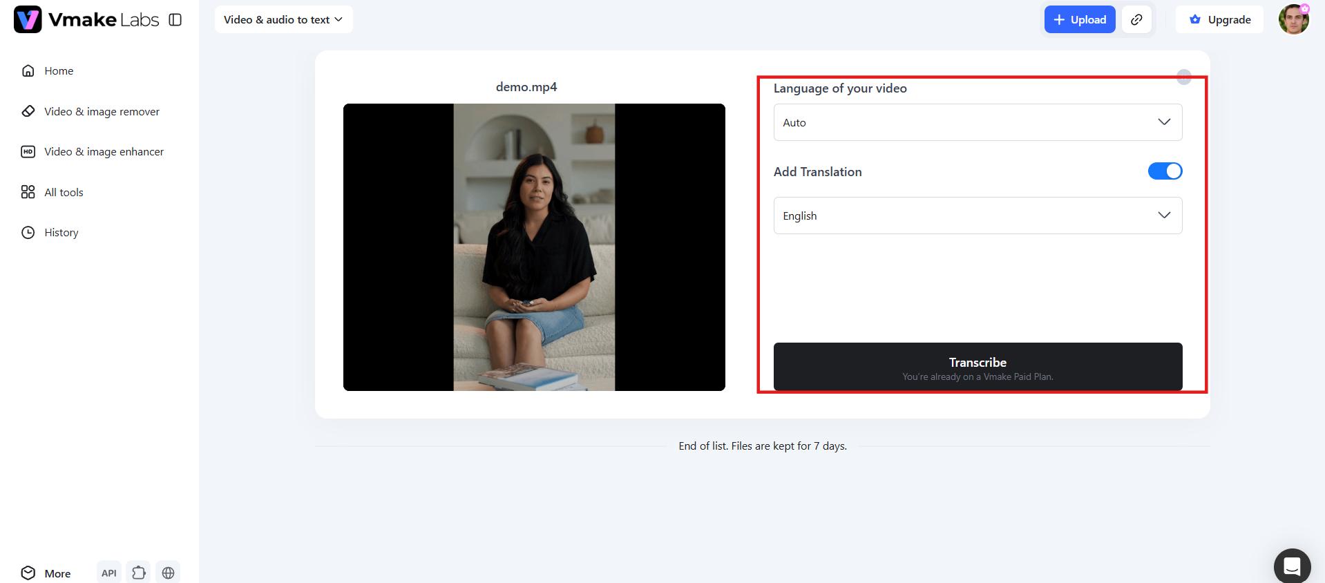text Choose language and transcribe