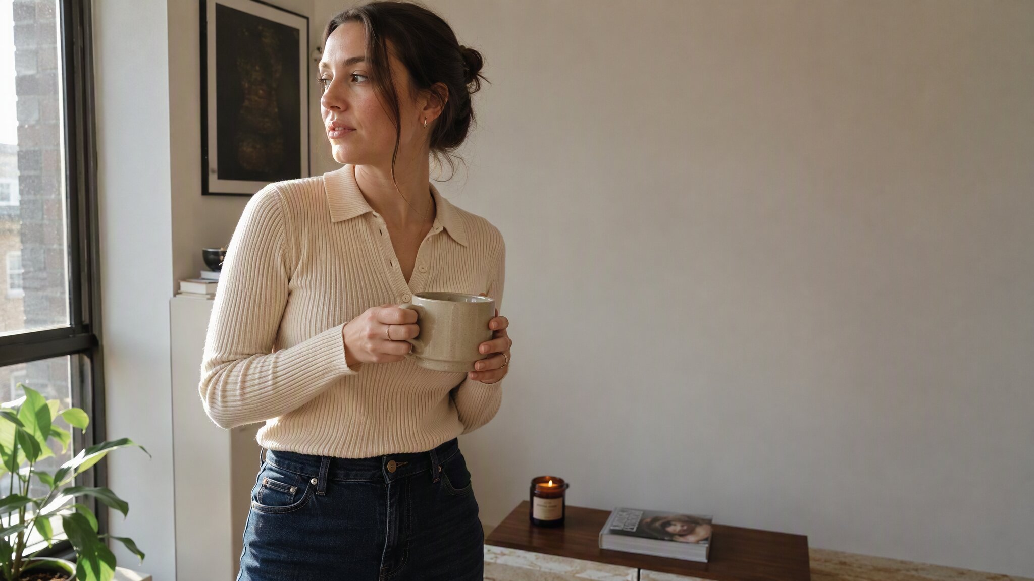 Western creator reaching toward a smartphone on a wooden table in a warm apartment.