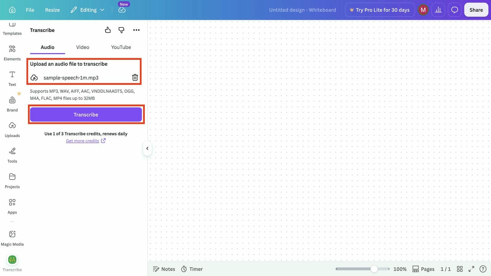 Uploaded file with the Transcribe button)