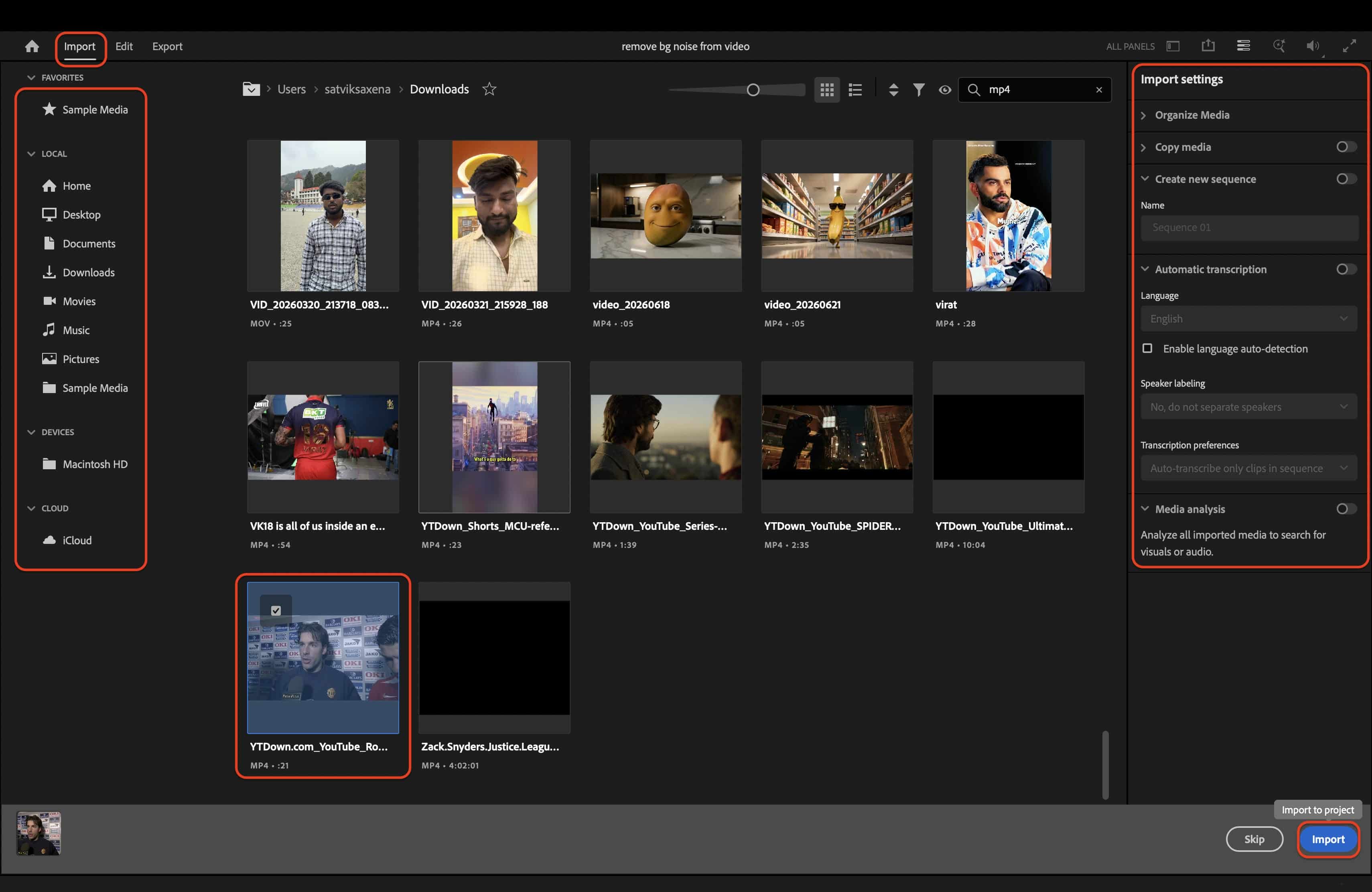 import the video file into the timeline