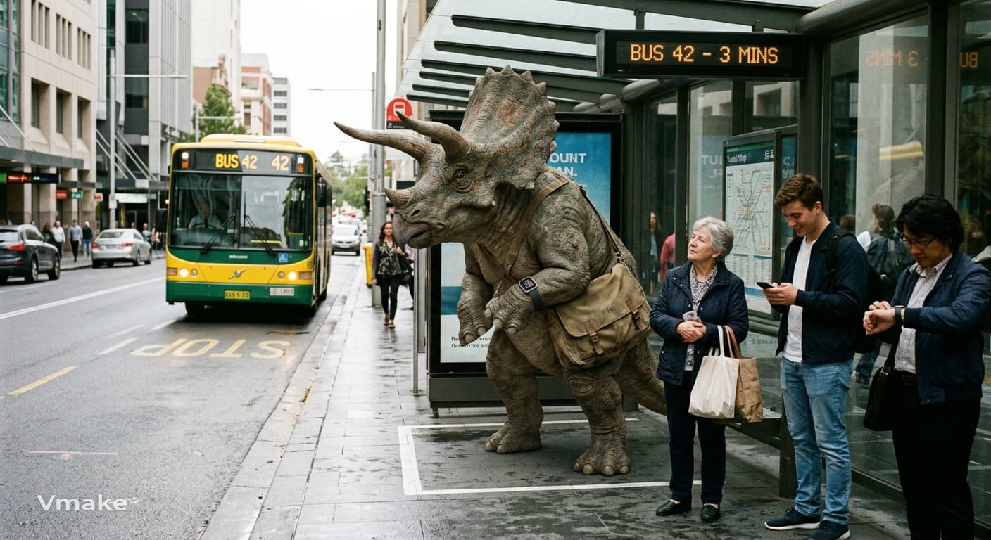 A dinosaur waiting for the bus