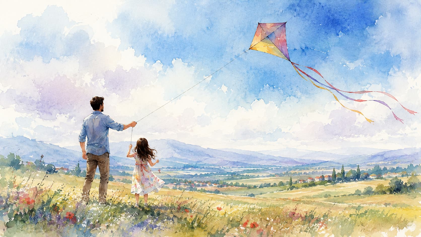 Father and daughter in a watercolor illustration