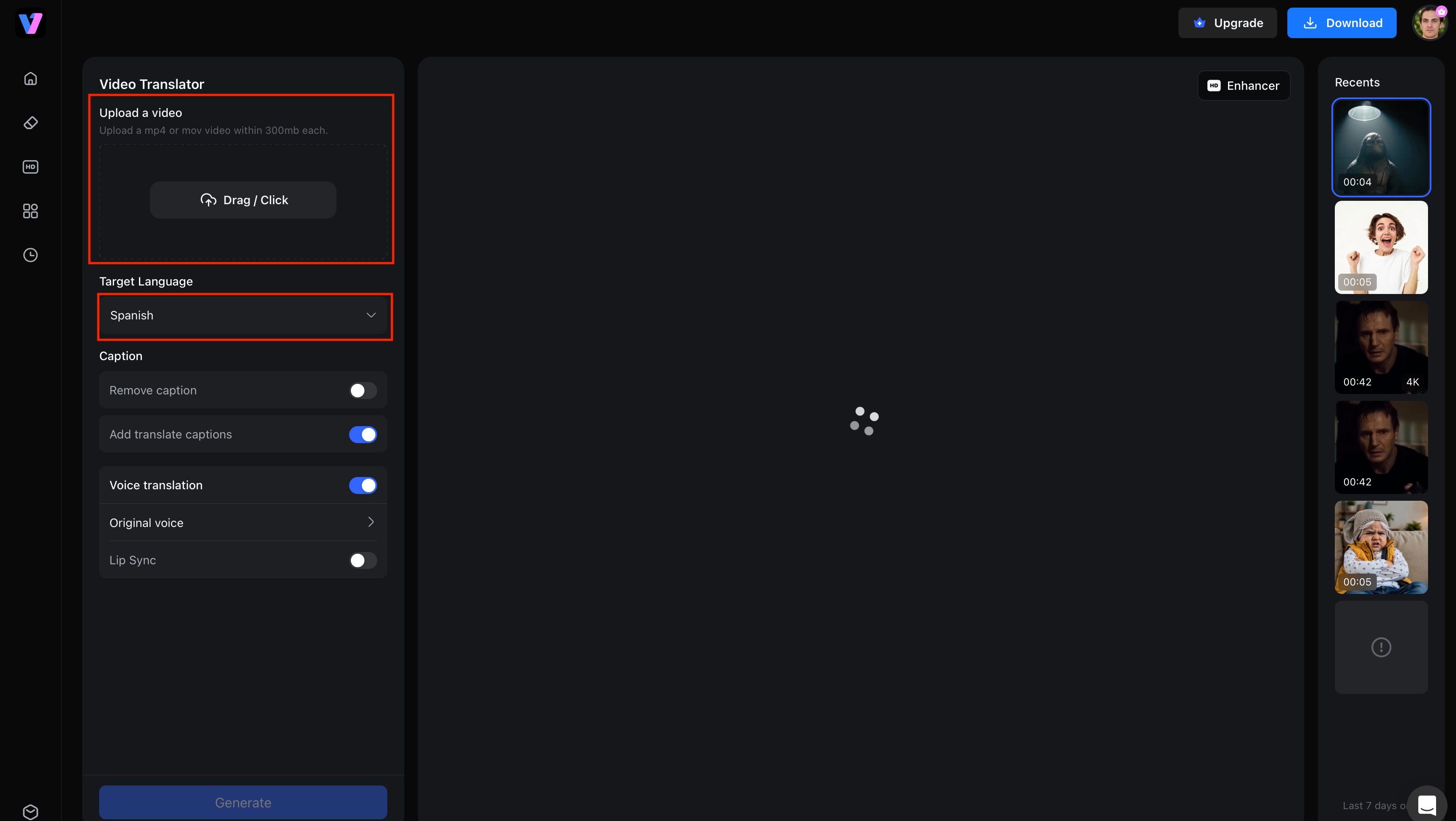 Upload your video and choose the target language