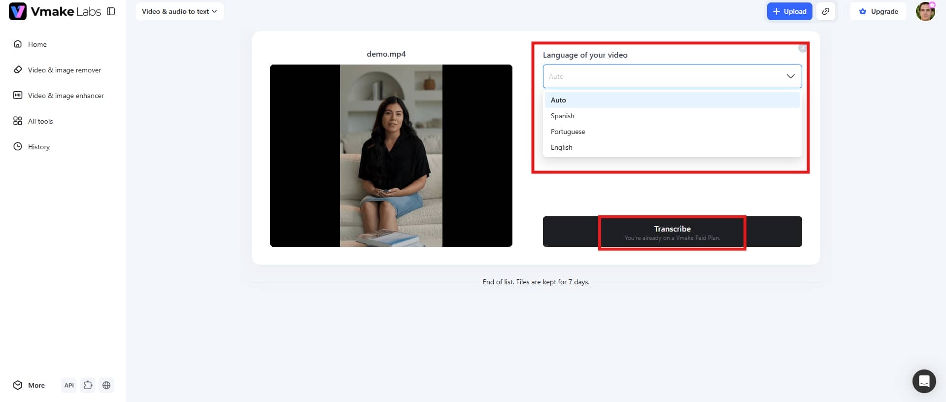 select the language and transcribe
