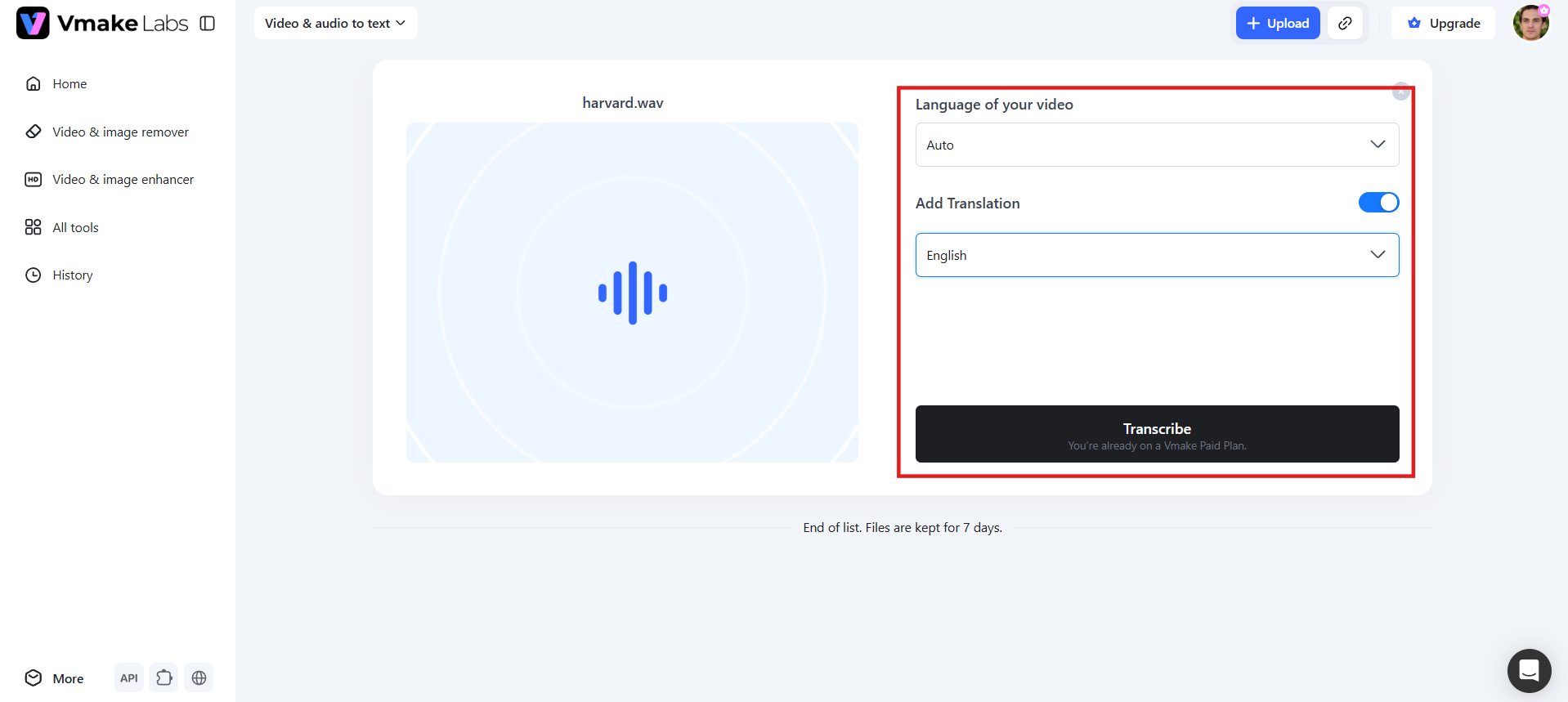 text Choose language and transcribe