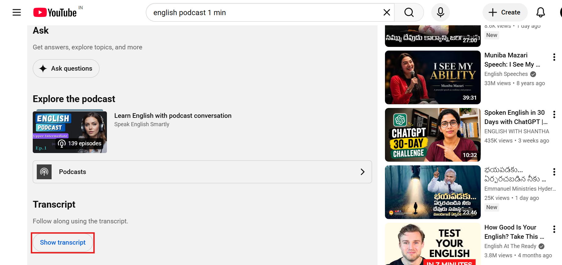 Access Show transcript button