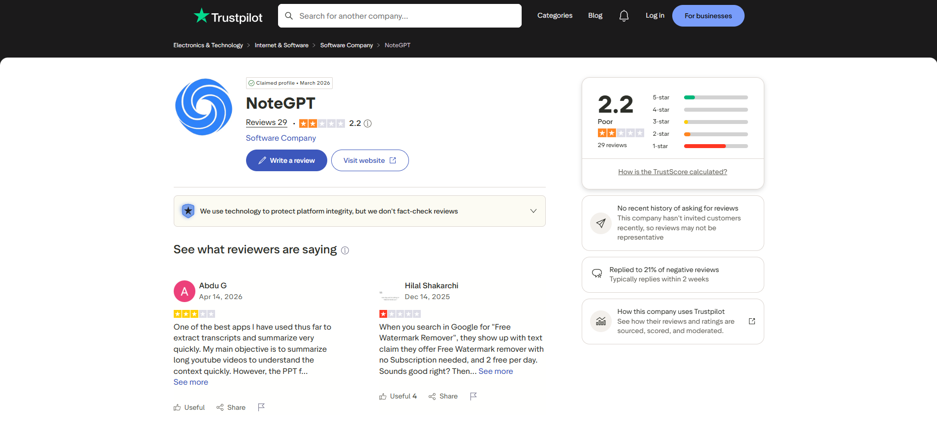 text NoteGPT on Trustpilot