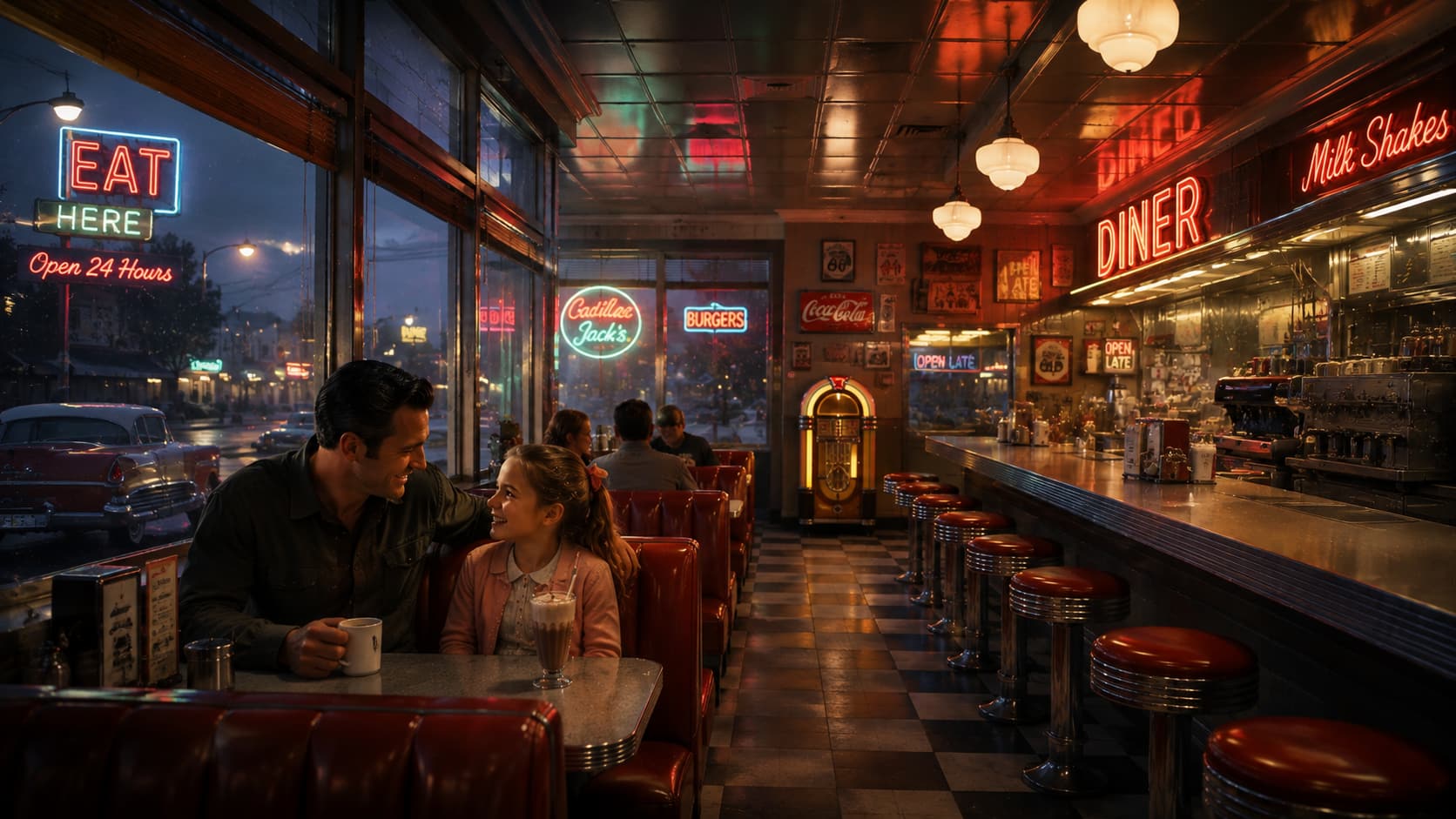 Father and daughter in a retro nostalgic setting