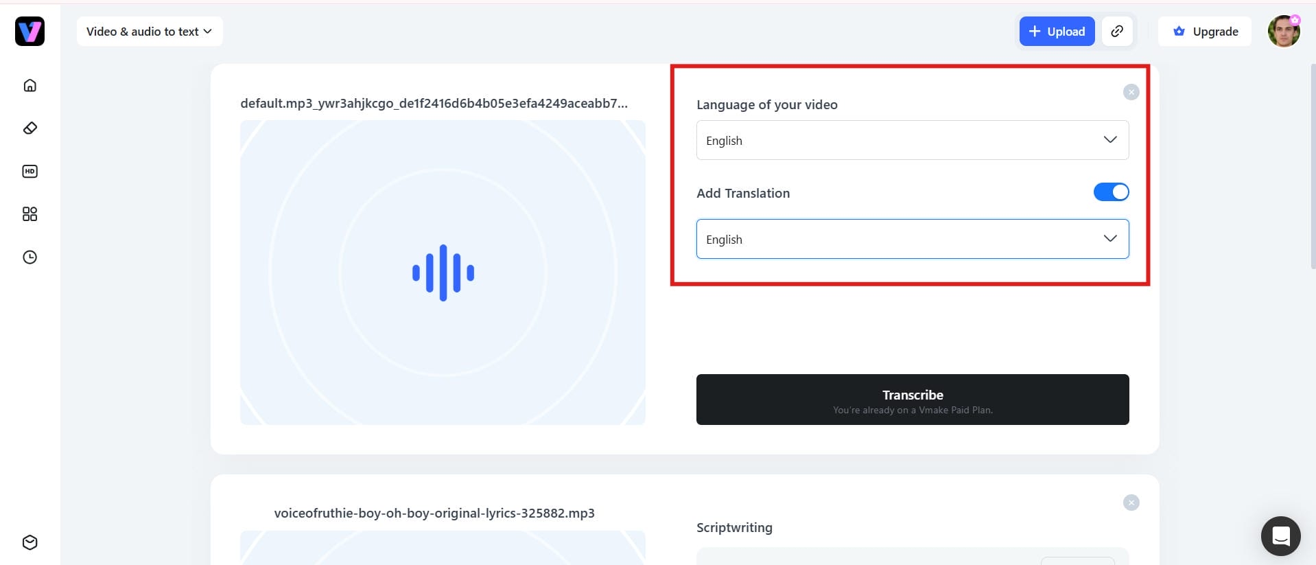 text Choose the transcription language