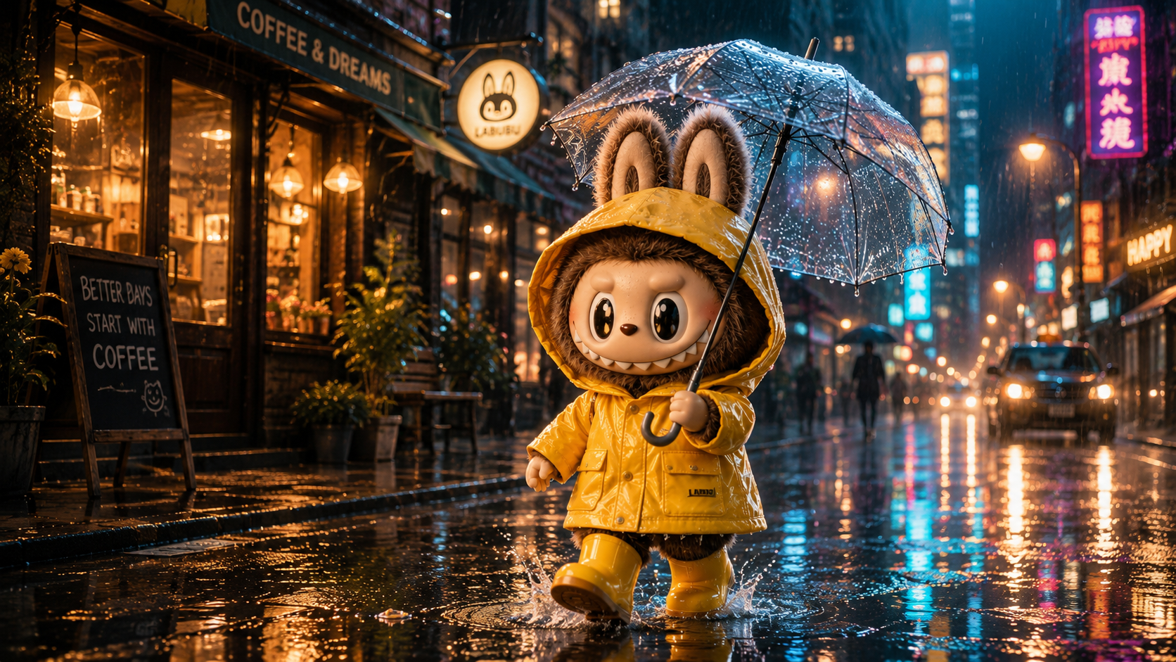 Rainy-day Labubu