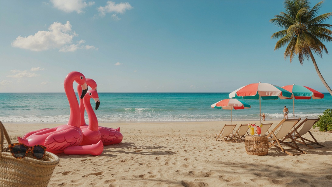 Beach party with inflatable flamingos