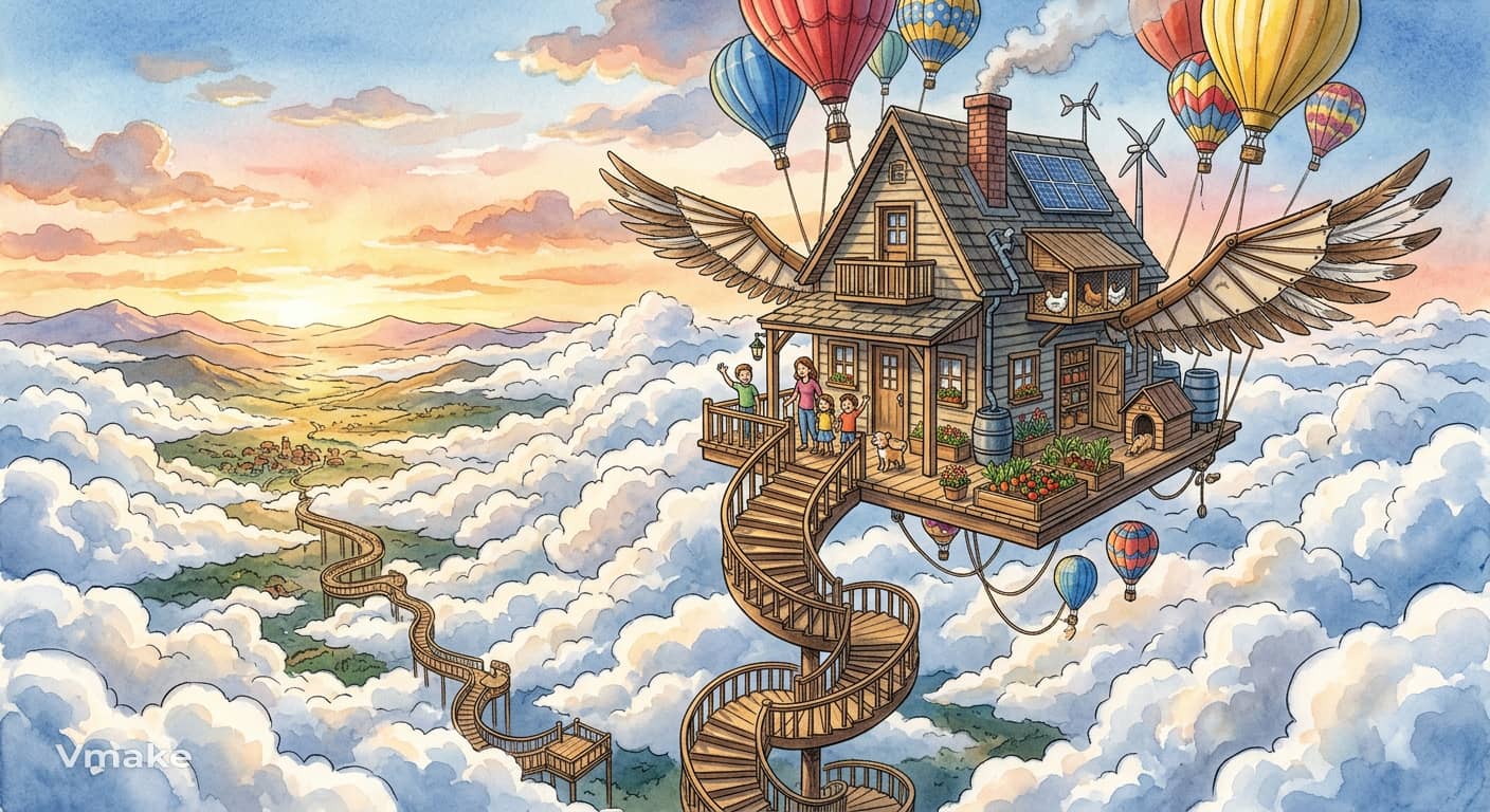 A house floating above the clouds