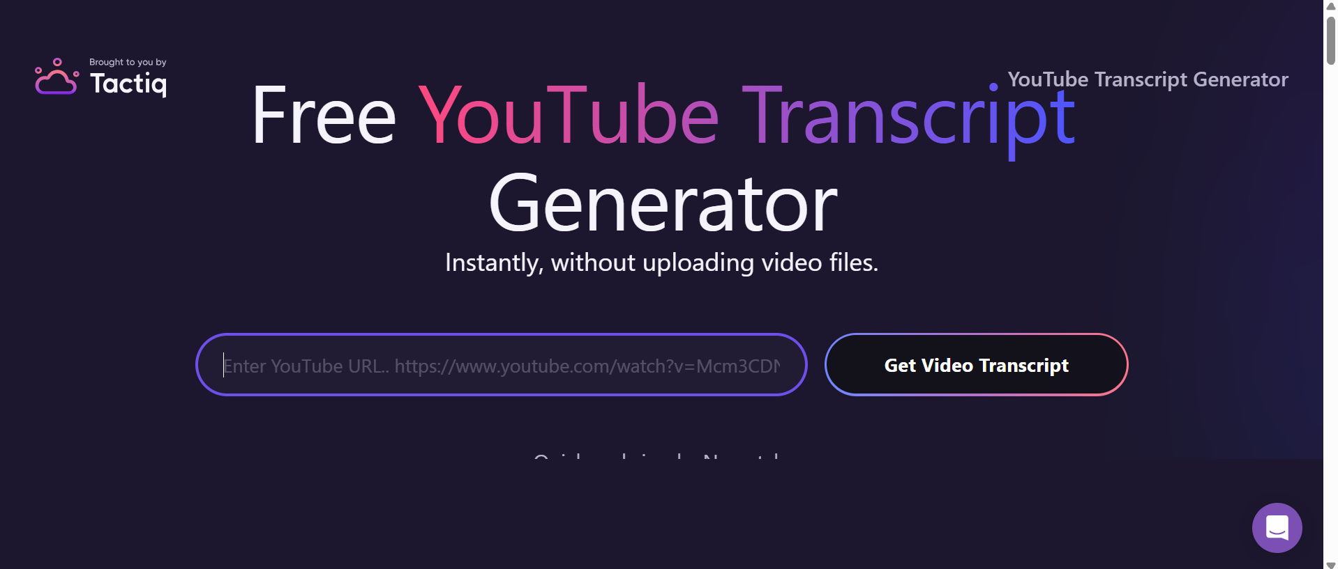 text Open the Tactiq YouTube transcript generator