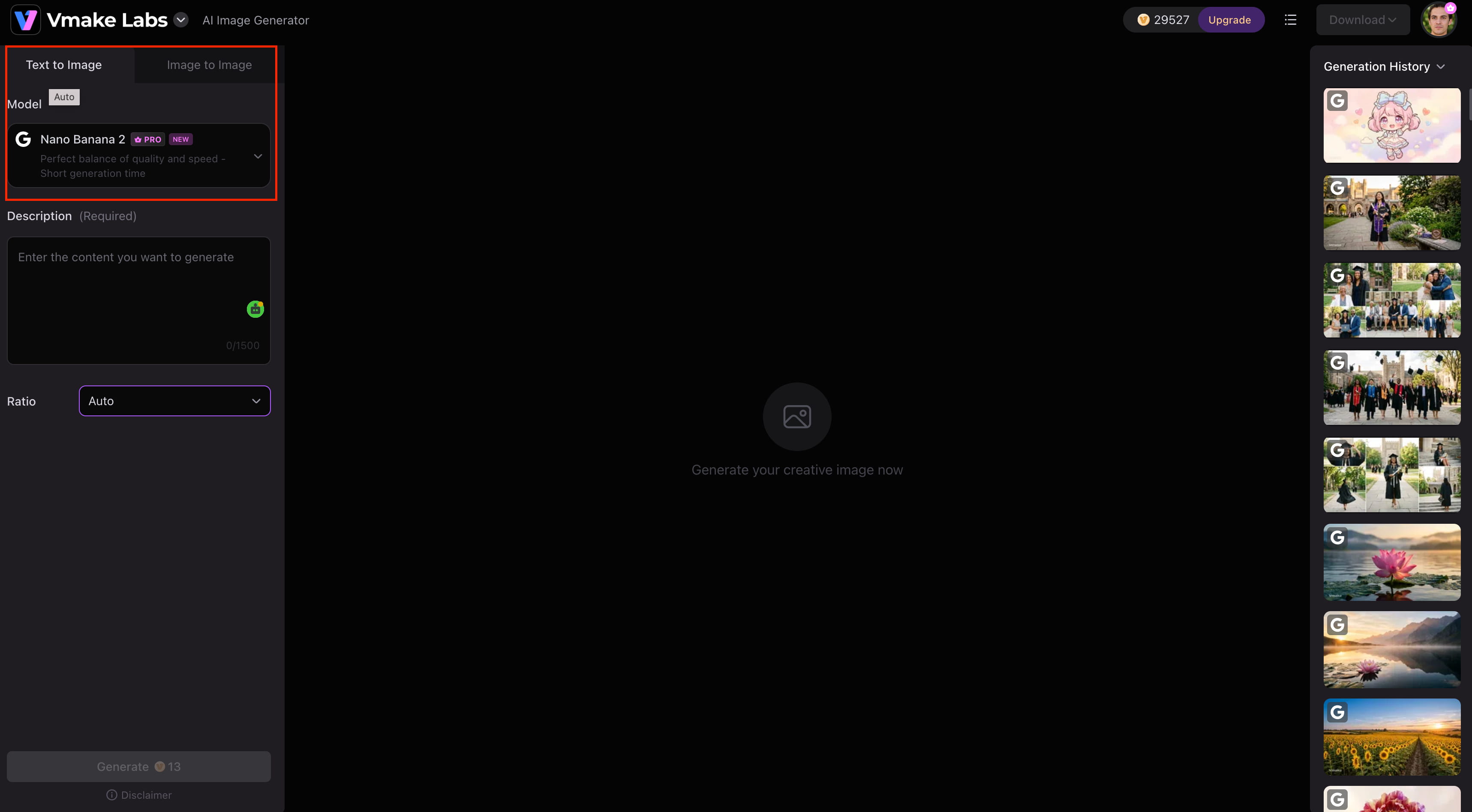 text Choose a generation mode and model