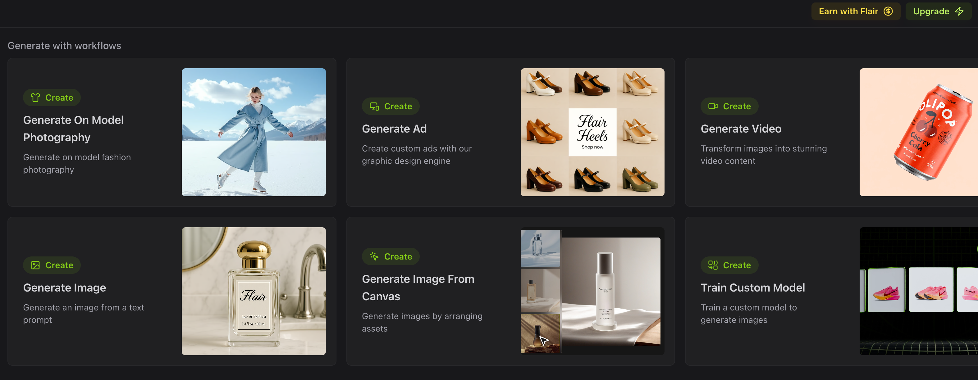 Flair AI product photography and fashion marketing creative page