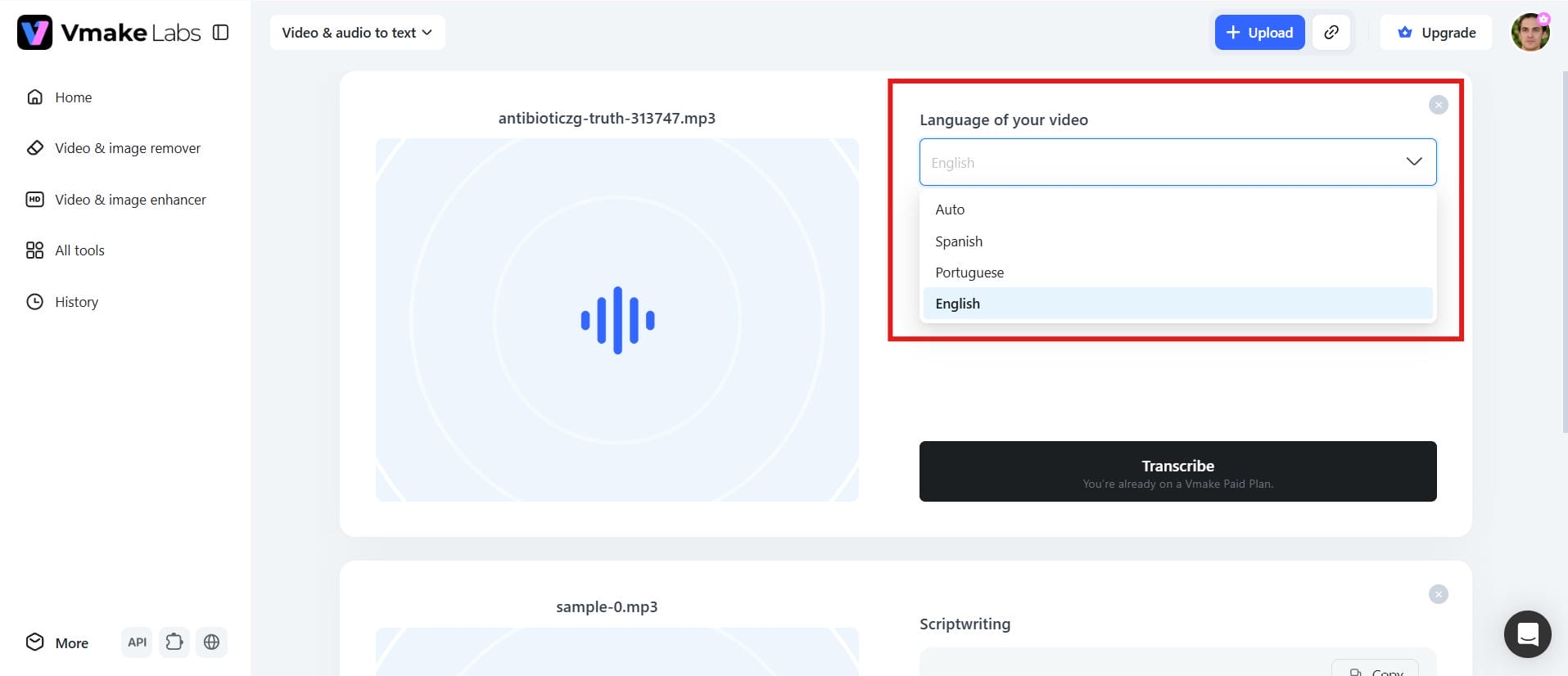 text Choose the transcription language