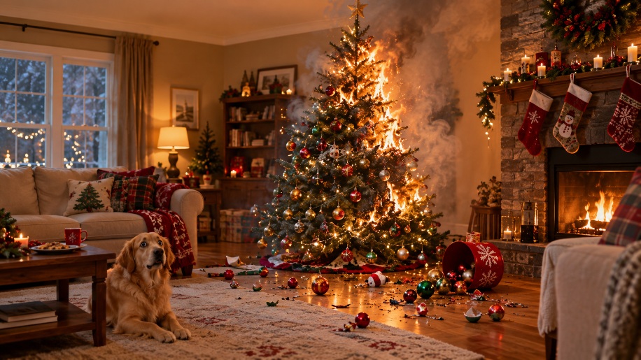 Christmas tree on fire