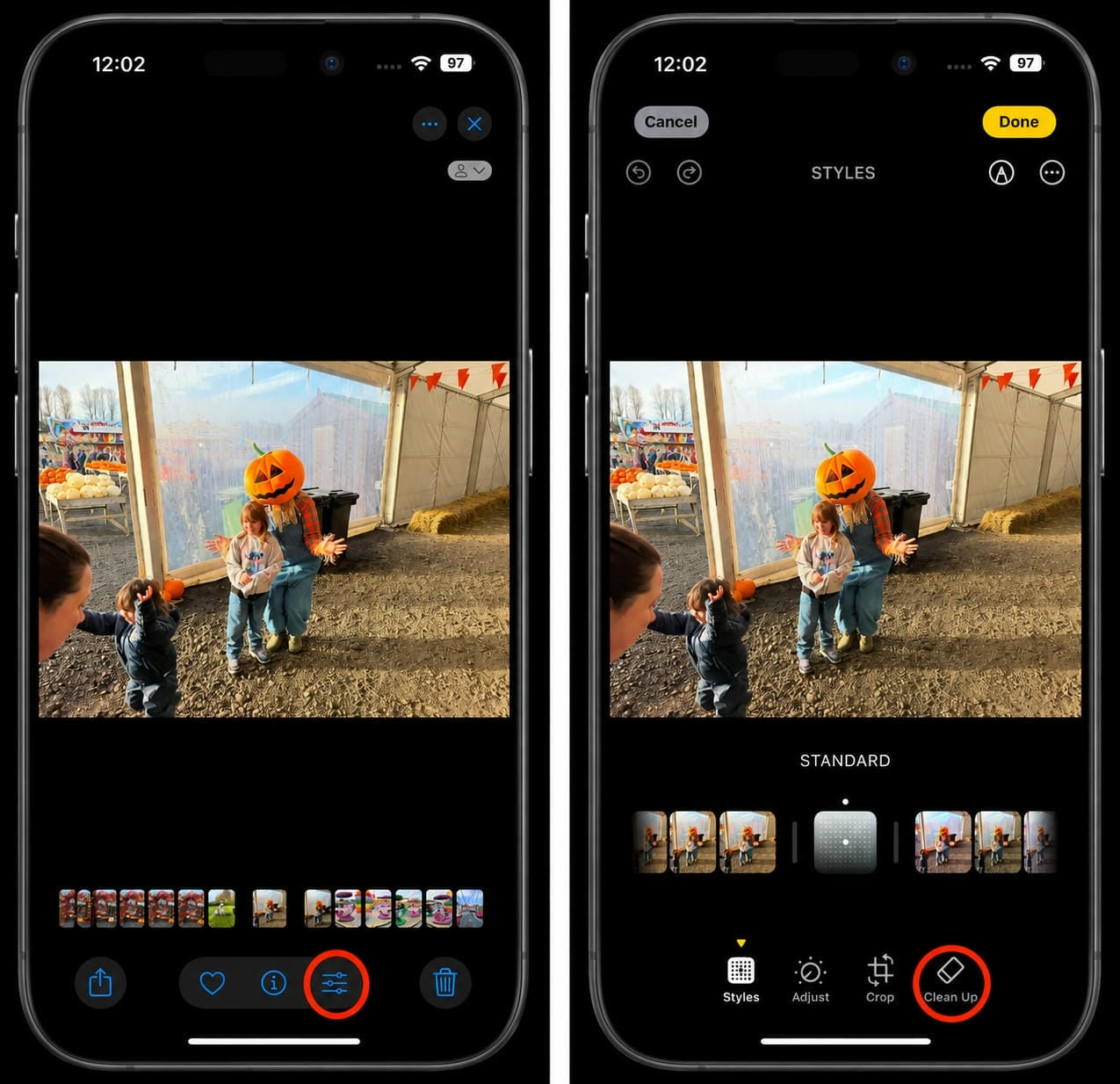 Open the photo and access the clean up tool