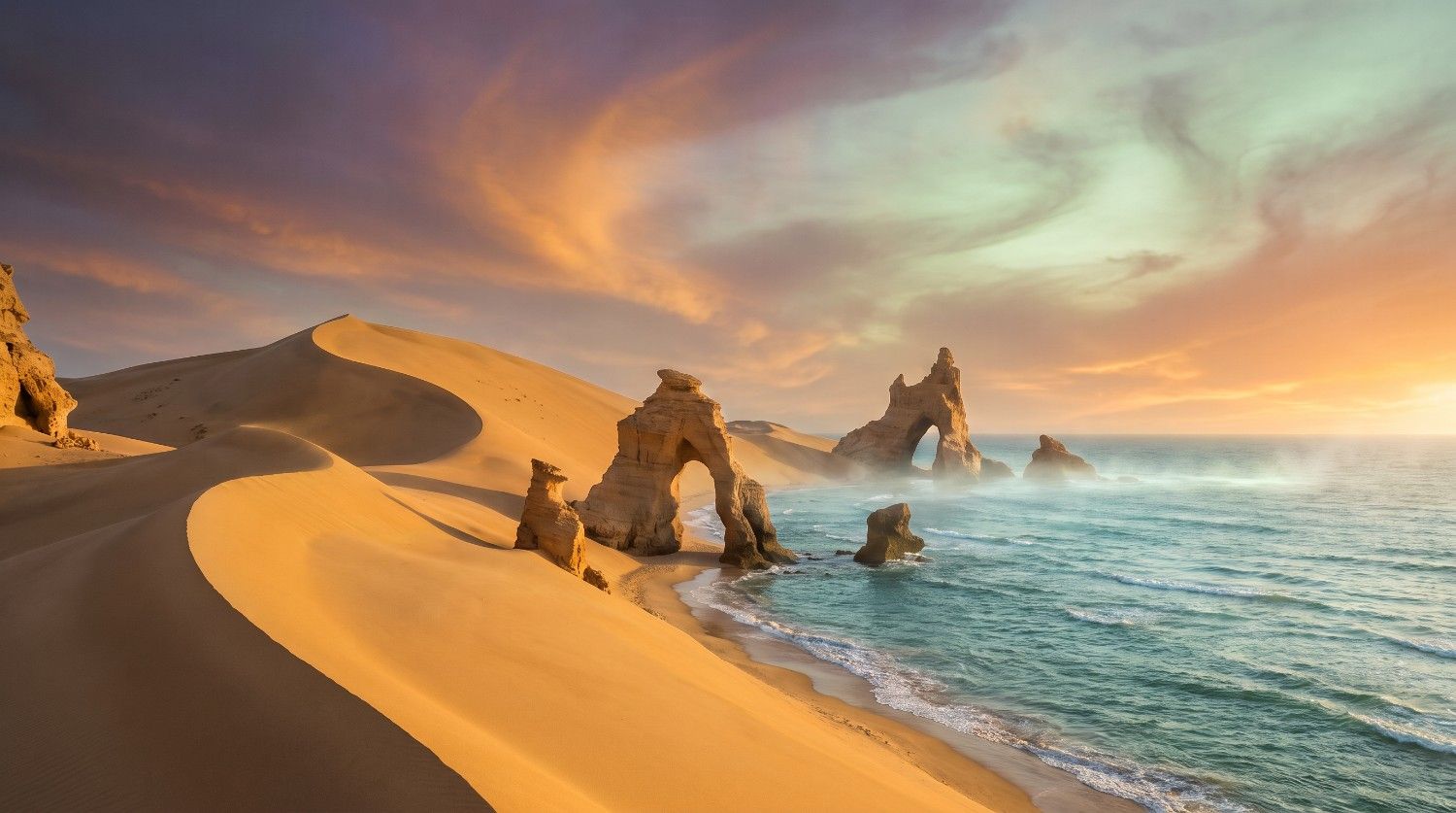 text Surreal coastal desert with giant dunes