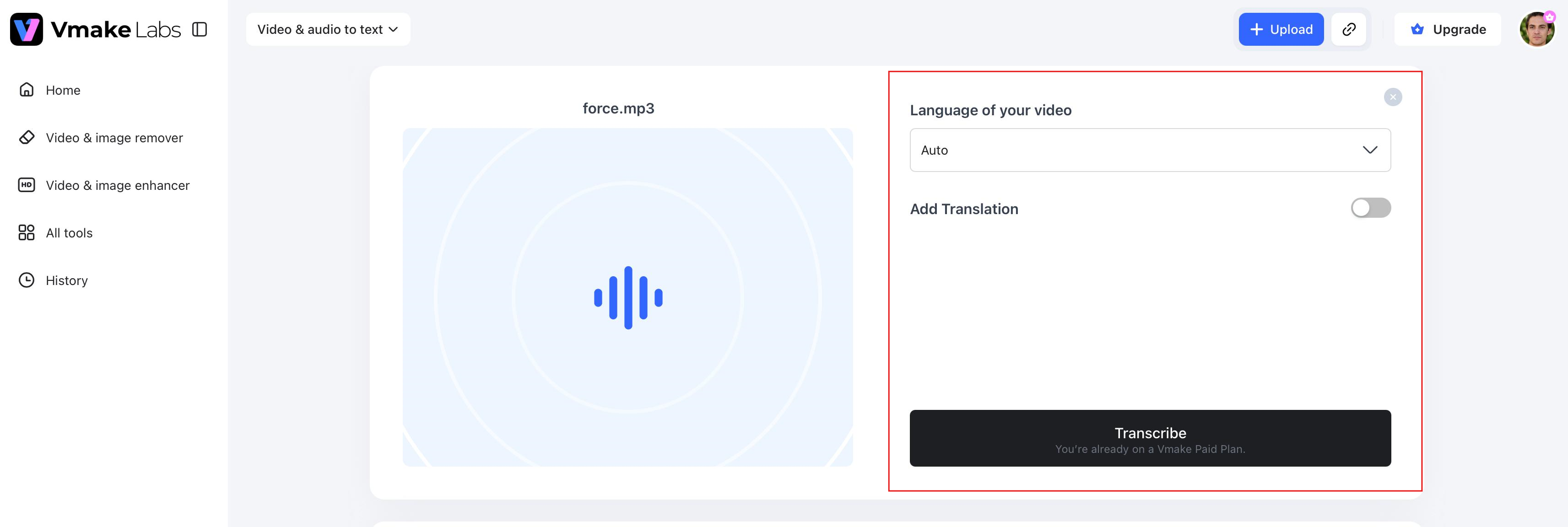text Choose the transcription language and settings