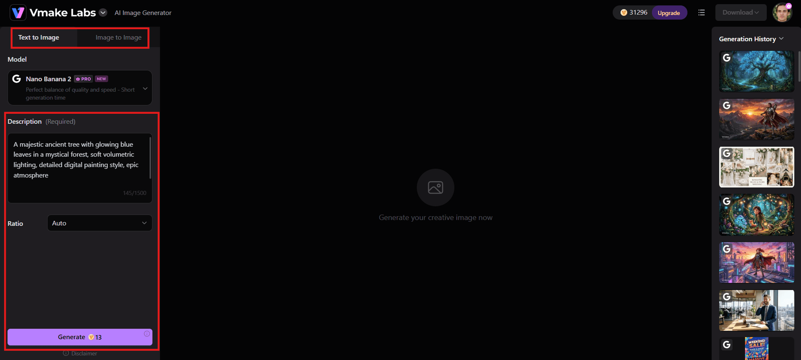 text Enter prompt and adjust settings