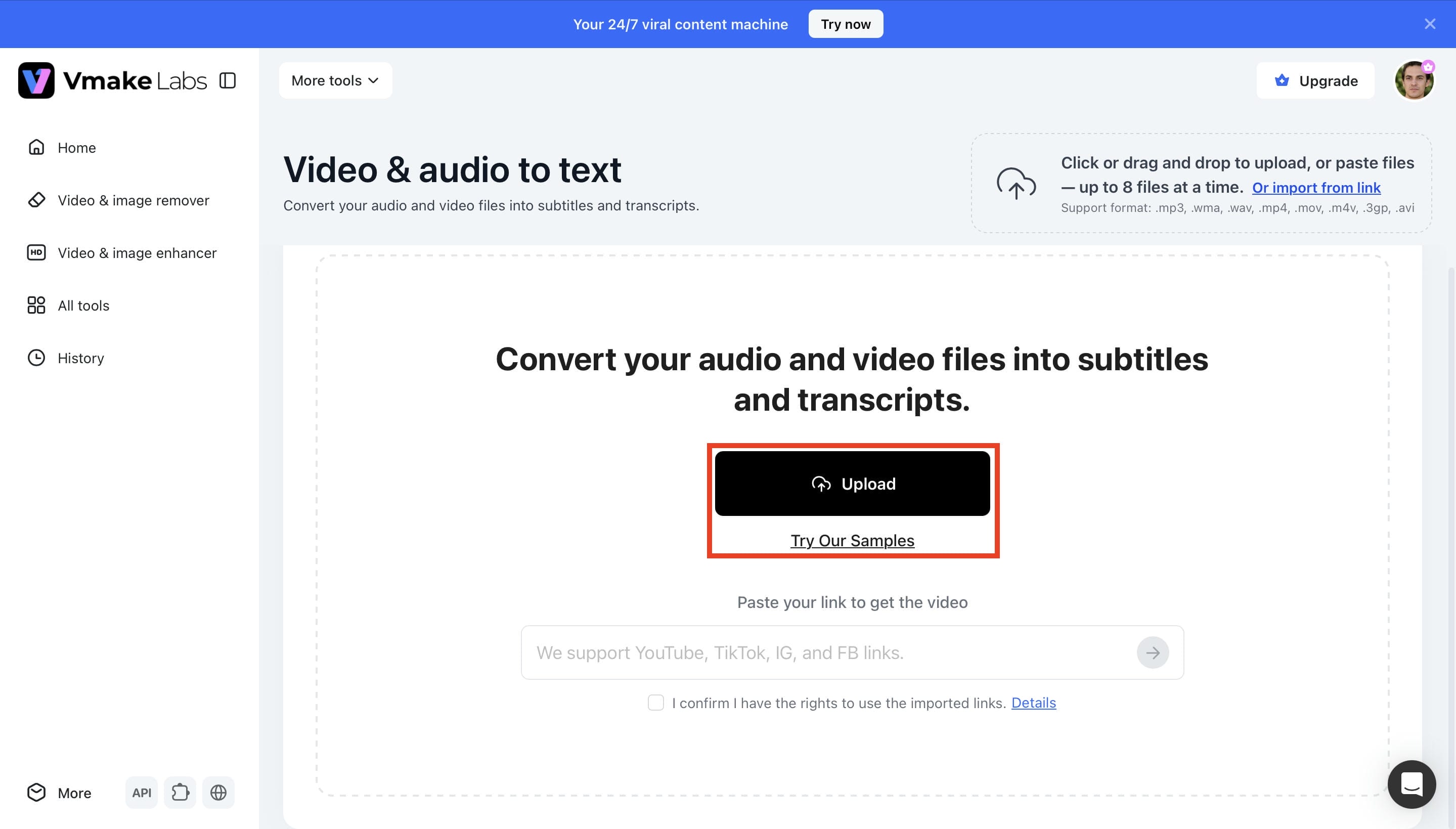 Upload your audio or video file