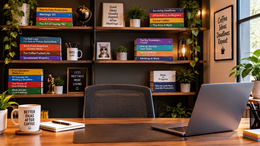 Fake bookshelf with joke titles