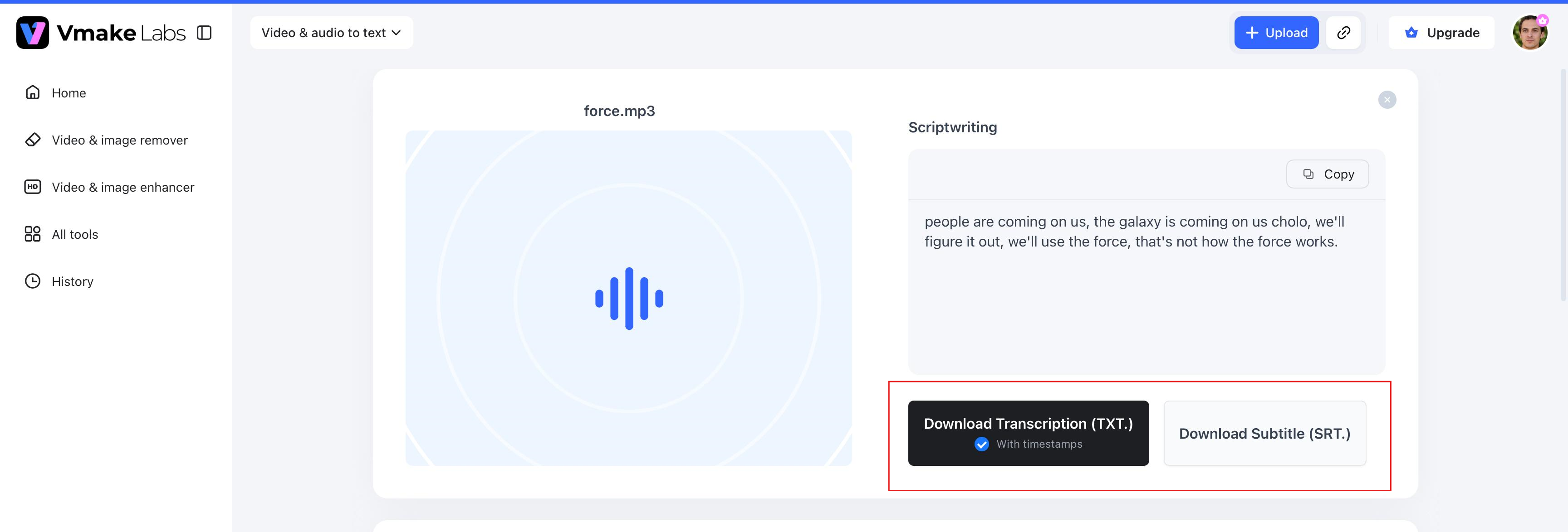 text Export the transcript