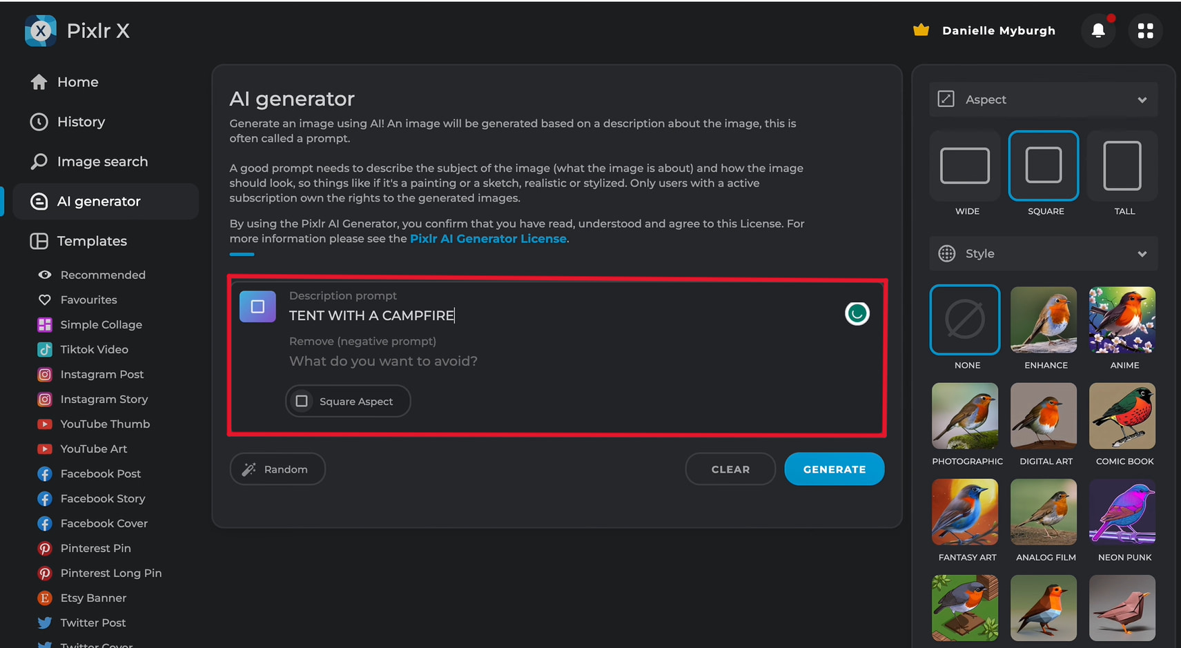 text Open Pixlr X AI image generator and enter your prompt