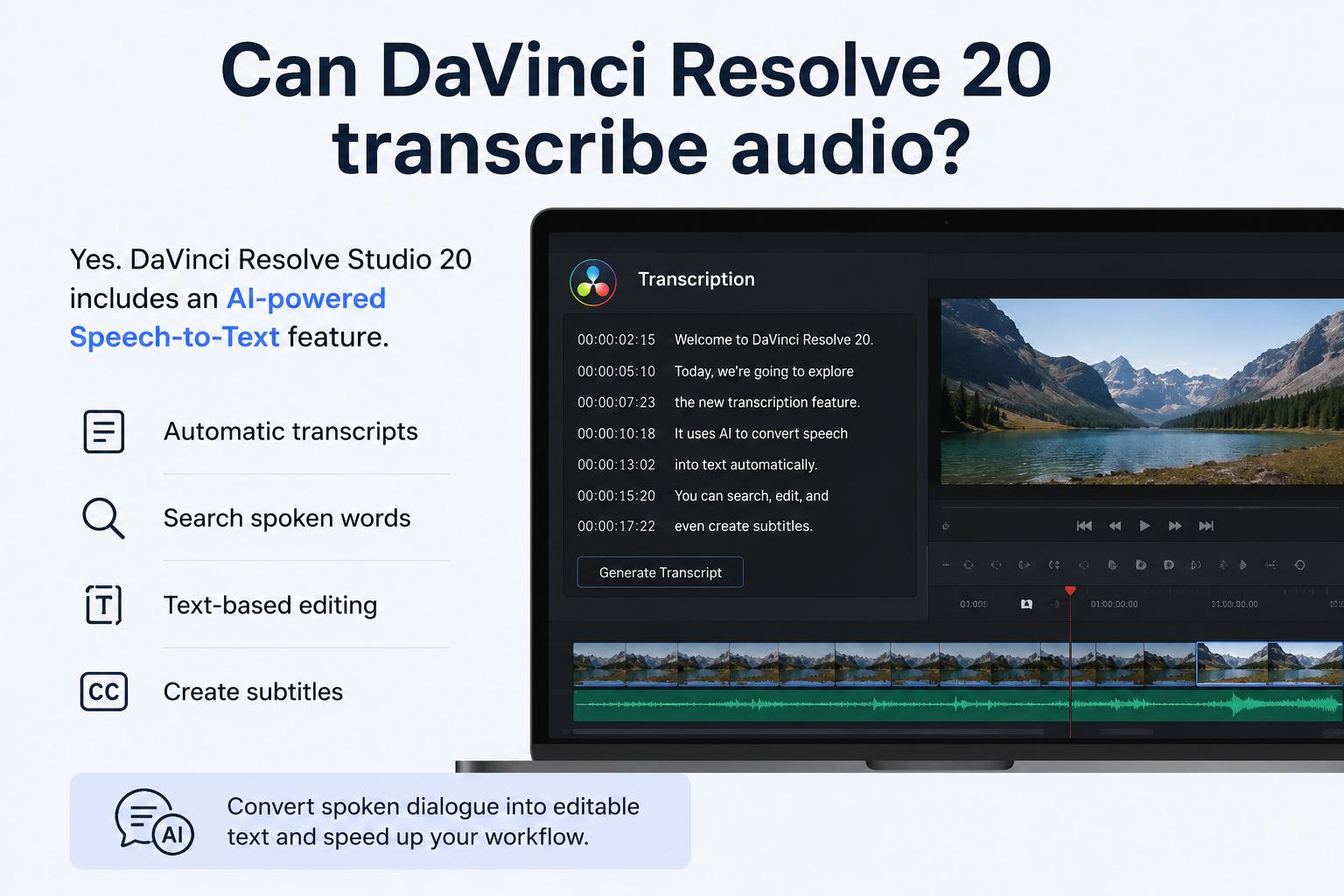 text Can DaVinci Resolve 20 transcribe audio?