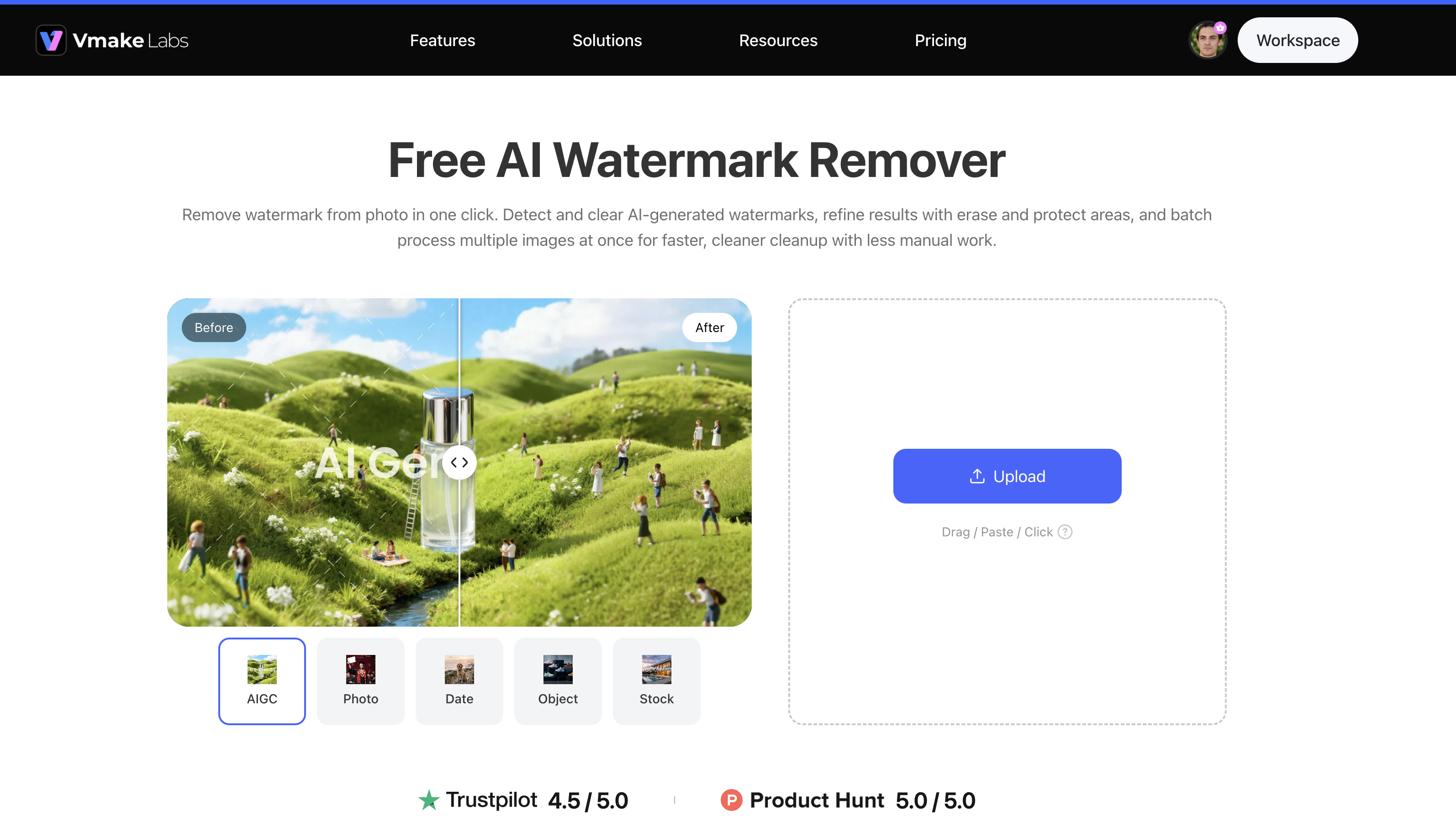 text Remove image watermarks with Vmake Labs