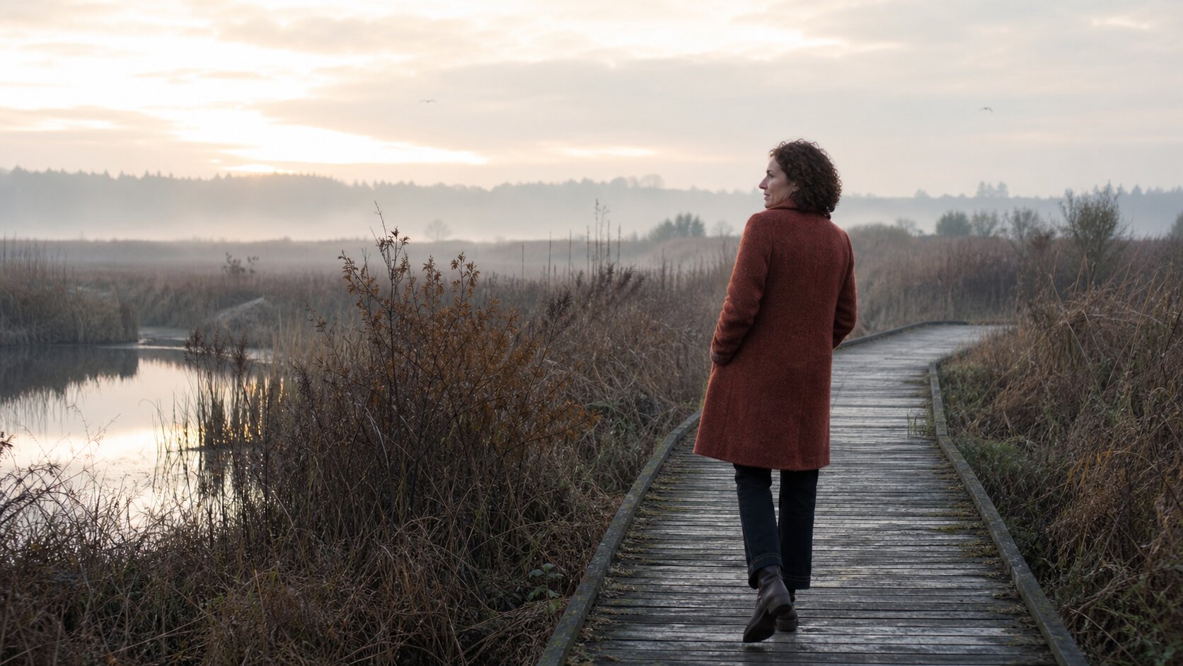 Woman walking along a wetland boardwalk at dusk, illustrating image-to-video reference control.