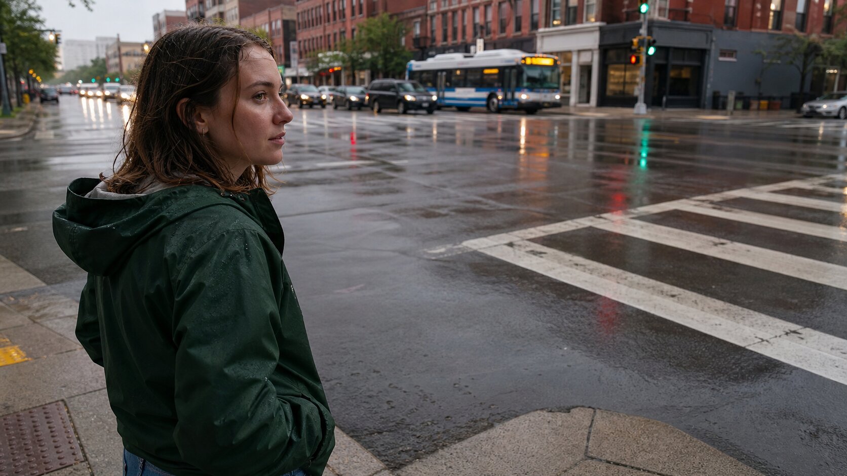 Woman in a dark rain jacket at a rain-soaked city intersection, illustrating a text-to-video scene prompt.