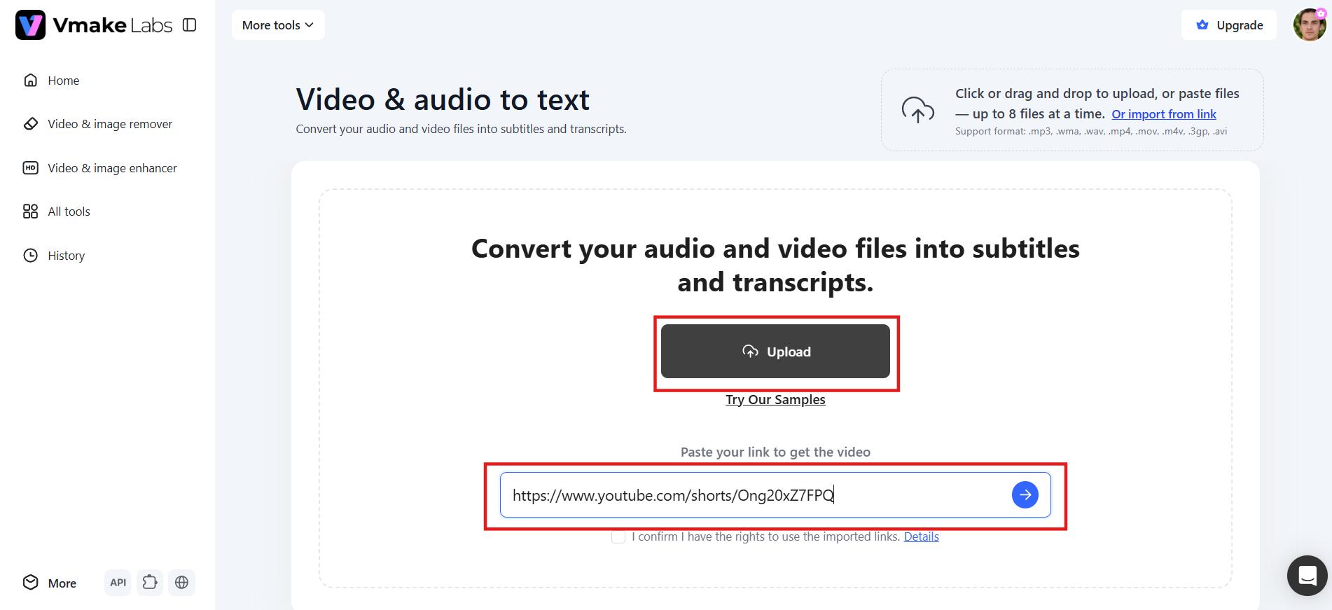 Upload file or video link