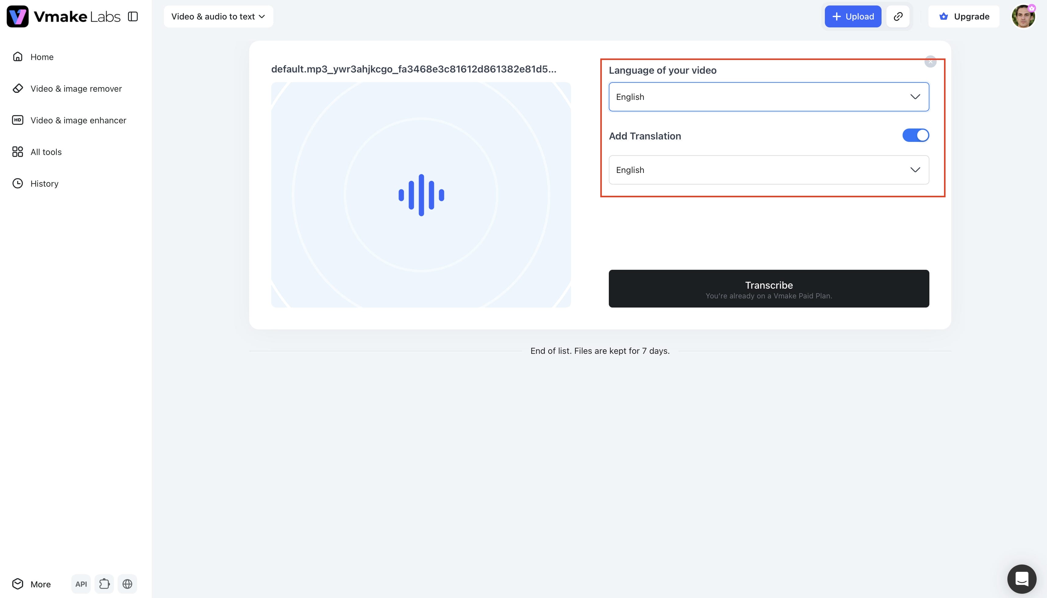 text Choose the transcription language