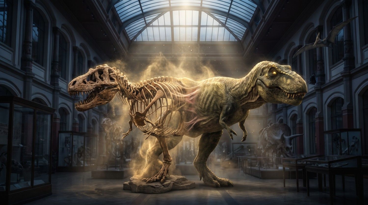Dinosaur fossil transforming into a living creature
