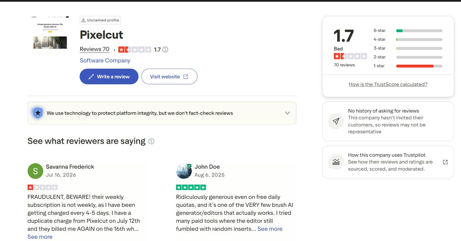 Pixelcut reviews on Trustpilot