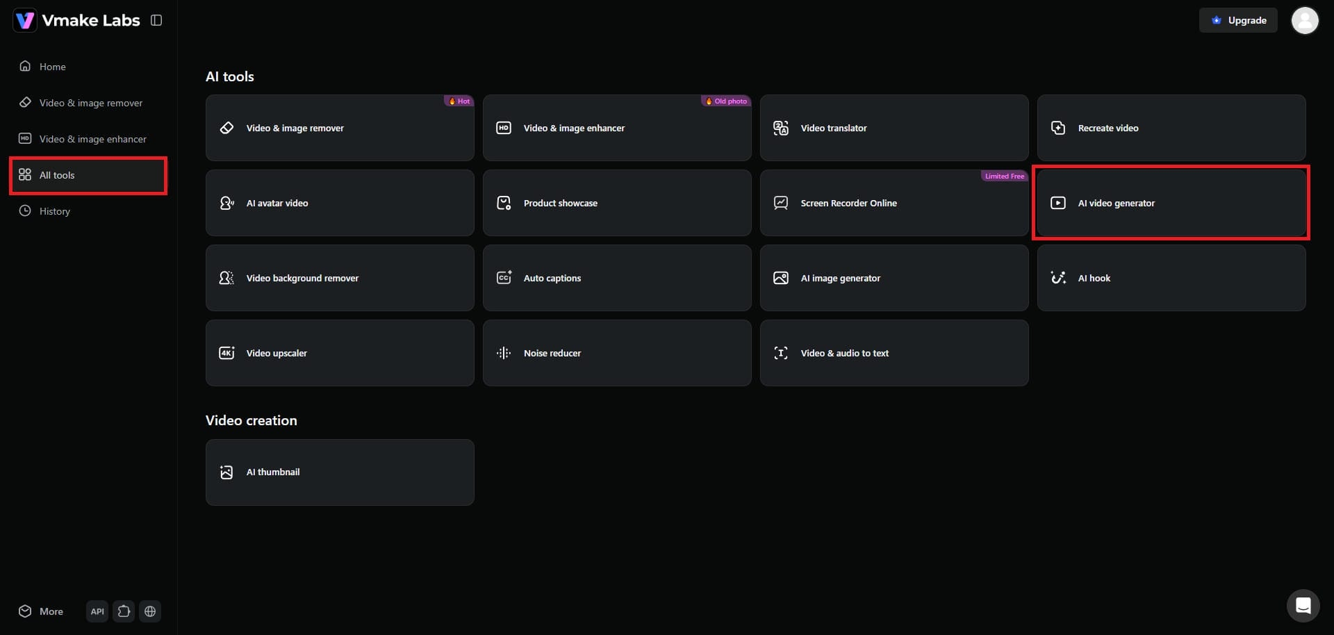 Access the "AI video generator" tool