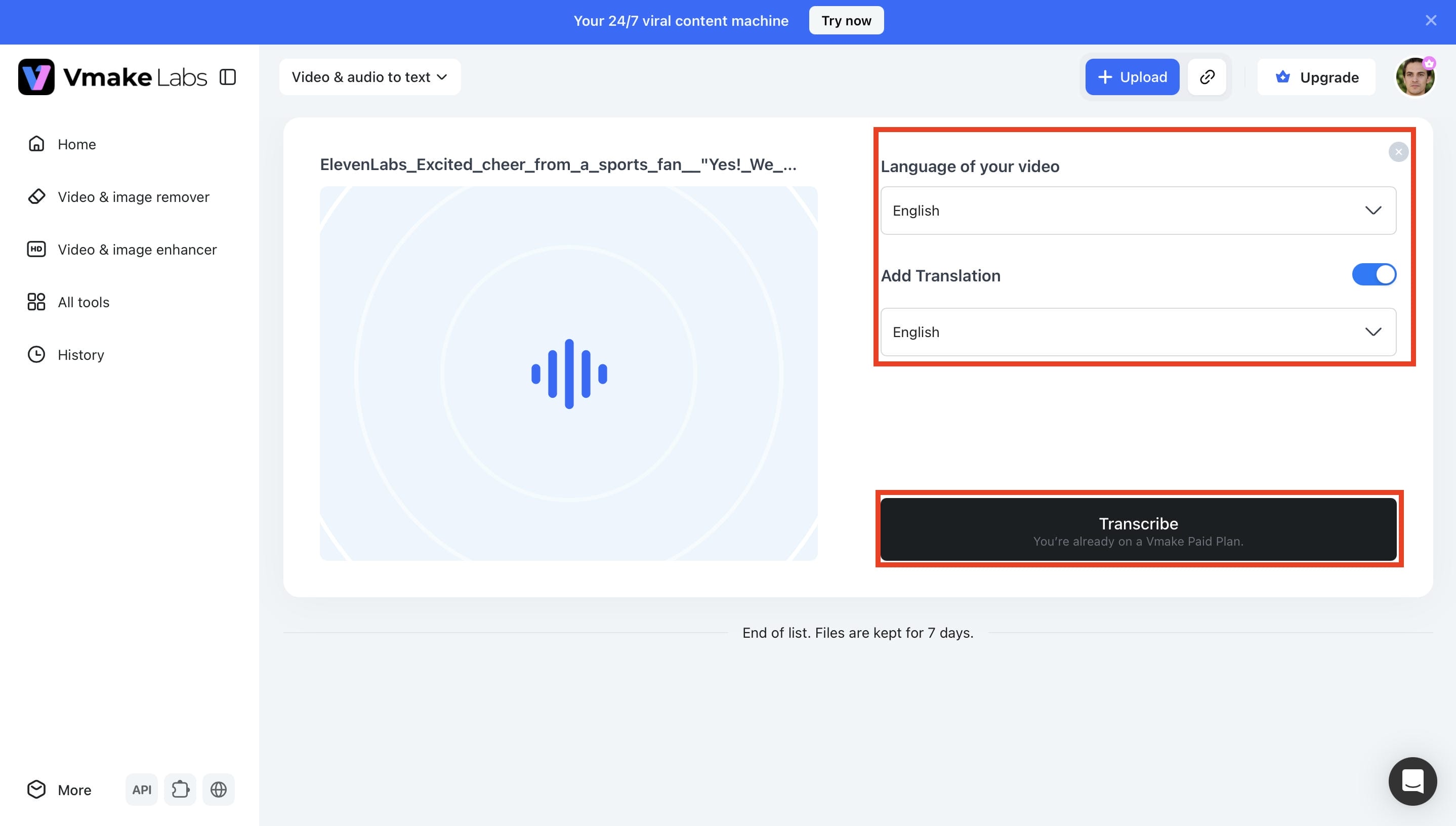  Language and generate the transcript