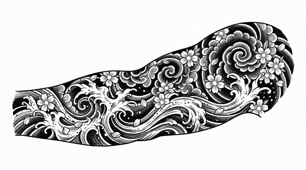 text Waves, Smoke, and Cherry Blossom Sleeve Concept