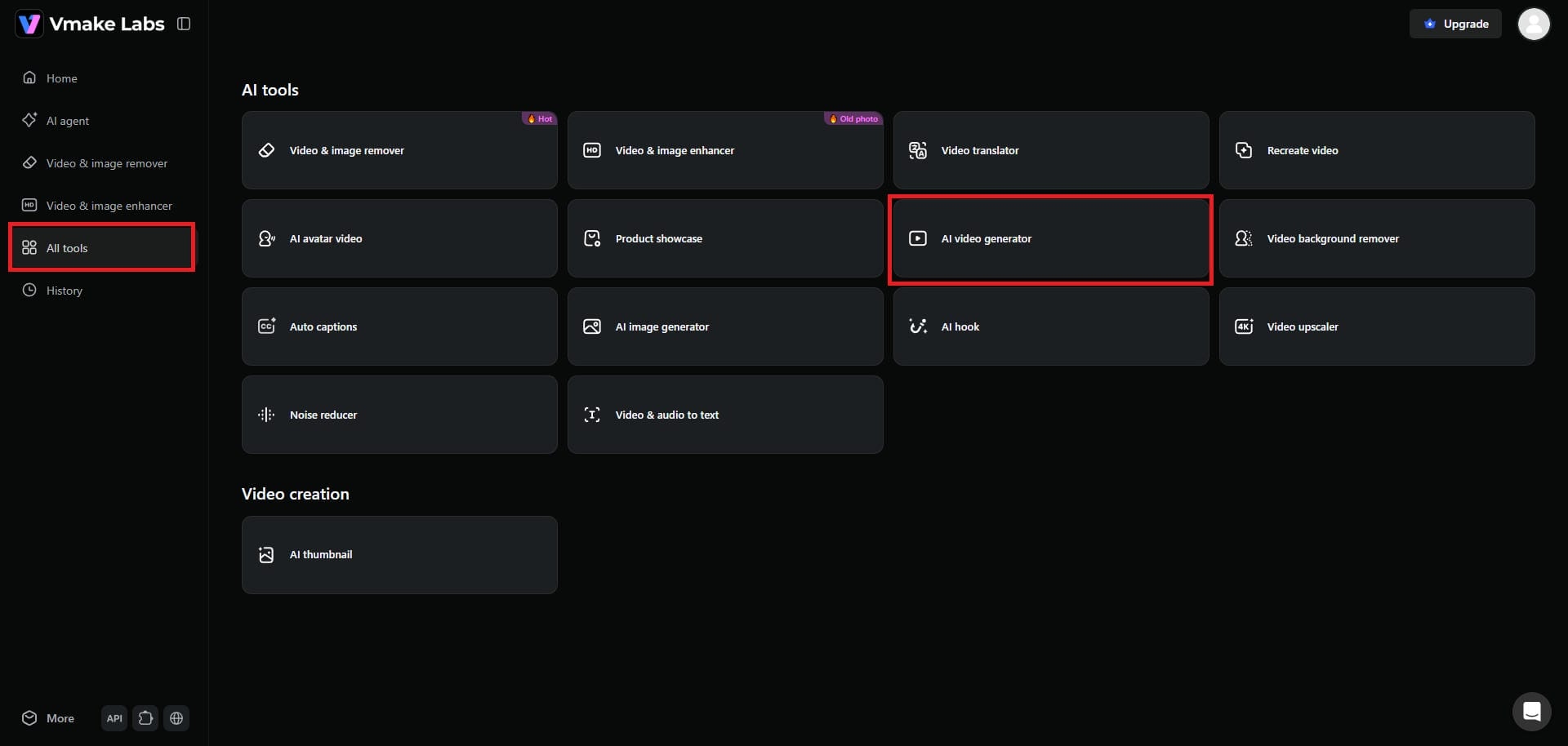 Select the "AI video generator" tool