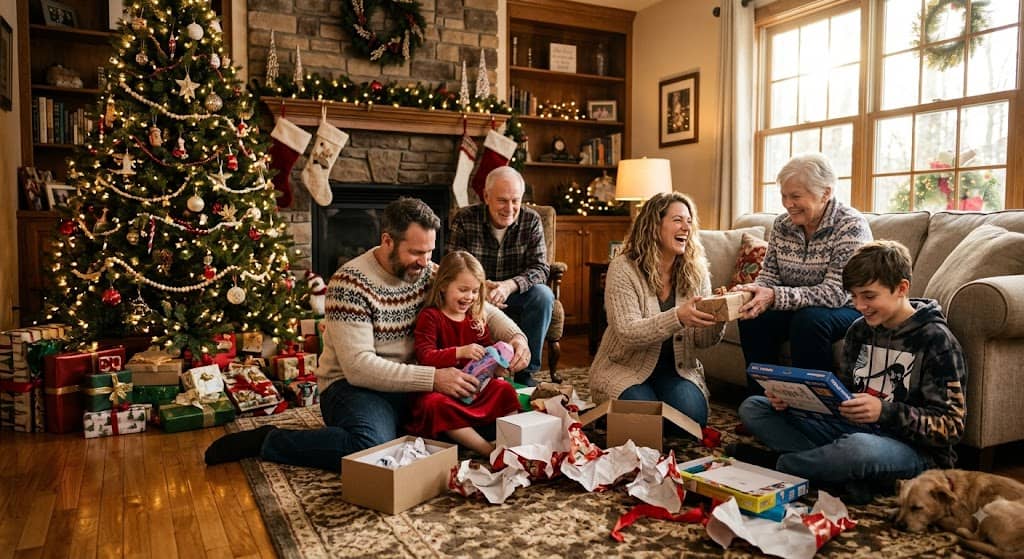text Traditional Christmas card-style family photo