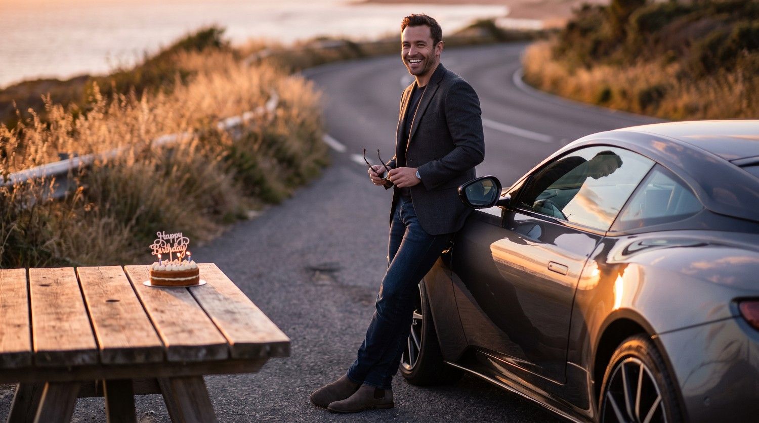 text Birthday photoshoot with a luxury car