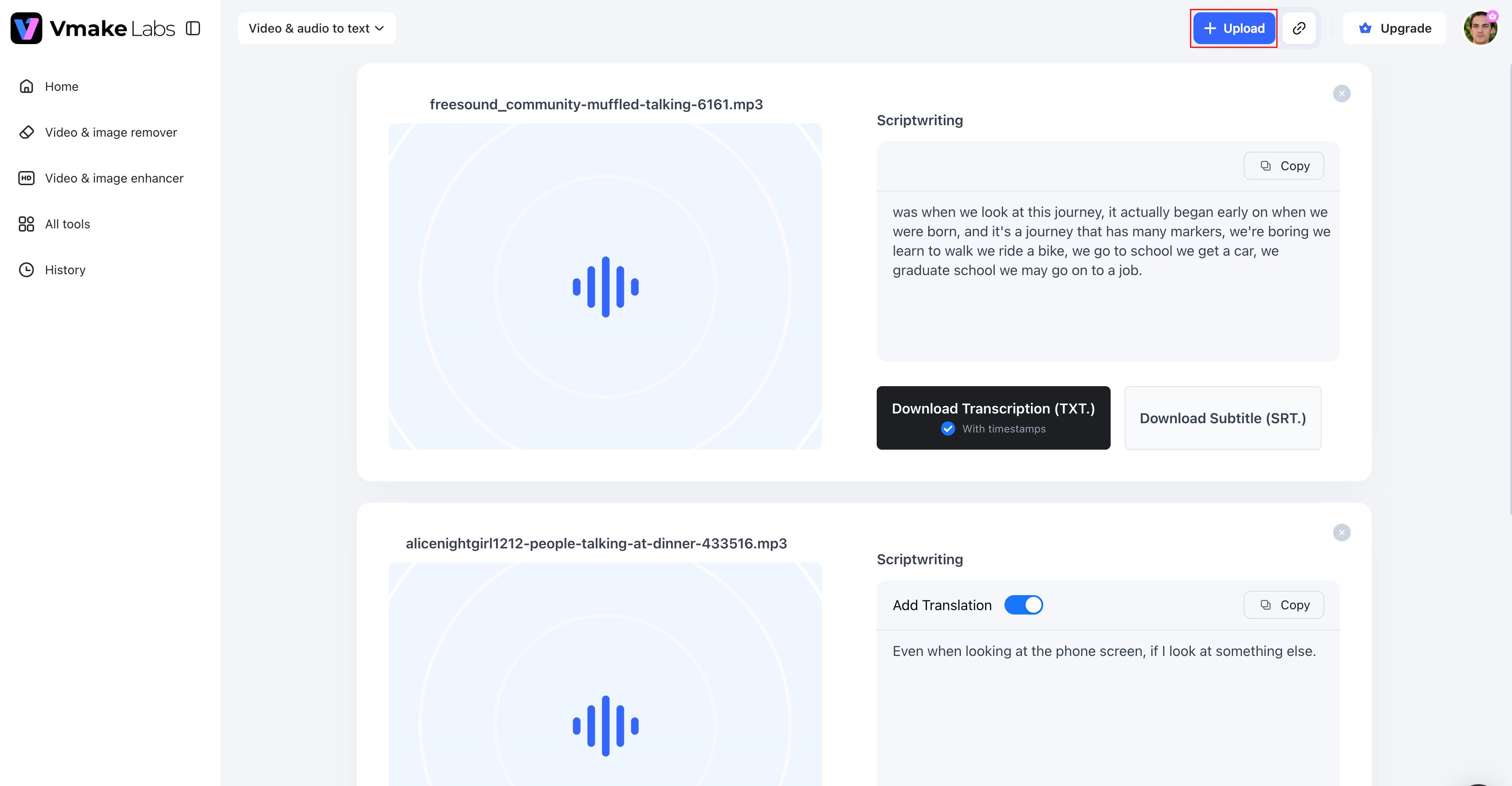 Upload your audio, video, or supported link