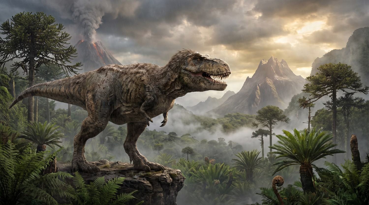 Realistic T-Rex in a prehistoric landscape
