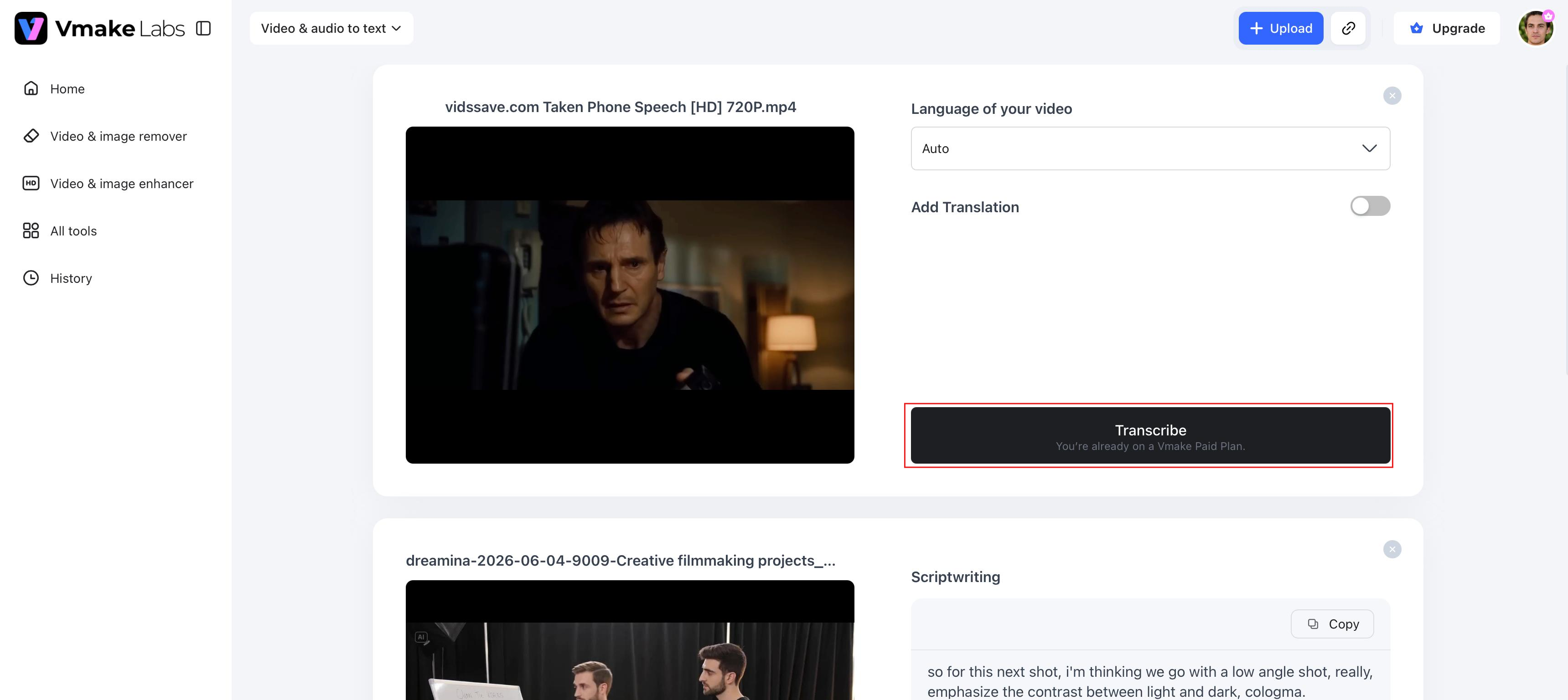 text Generate the transcript automatically