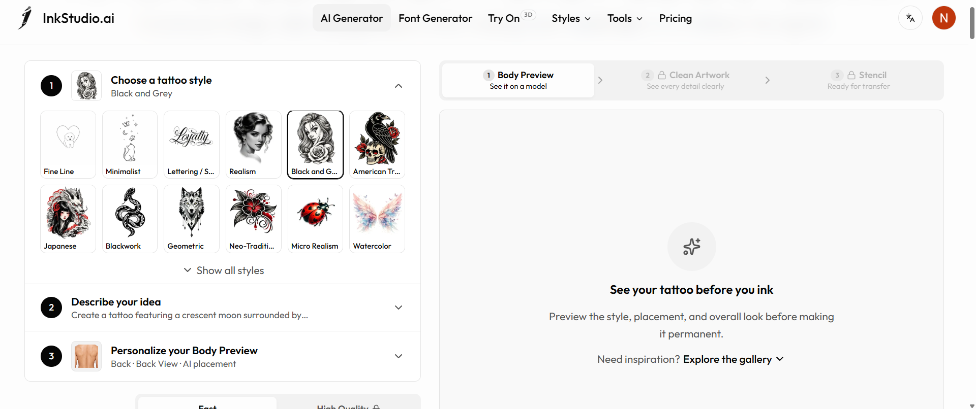 text InkStudio.AI tattoo generator