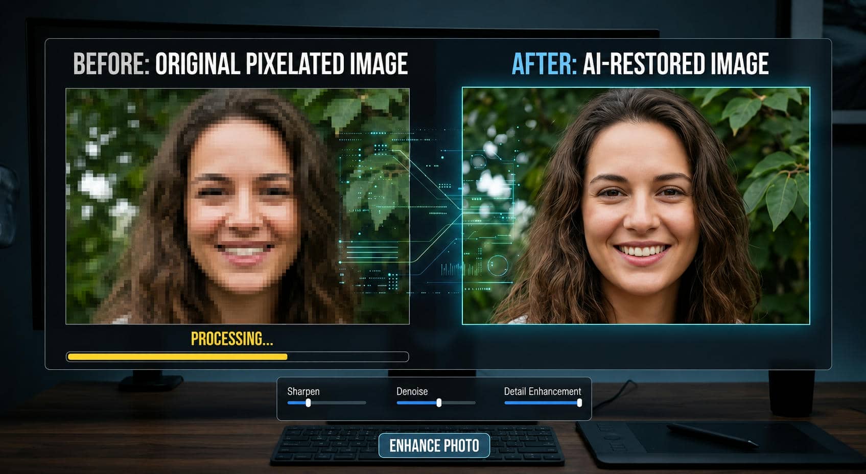 text clean up a pixelated photo with AI