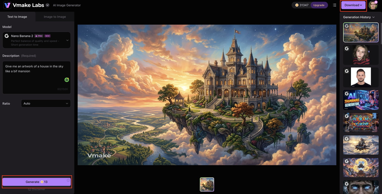 text Generate, refine, and download your artwork